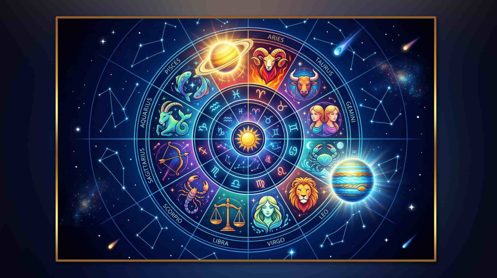 Horoscope 2026 zodiac wheel with lucky numbers and constellations on a dark blue background